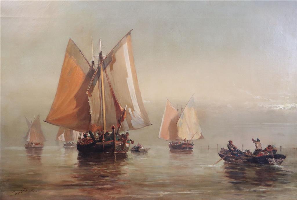 Manner of James Webb (1825-1895) Vessels in calm waters 24 x 36in.